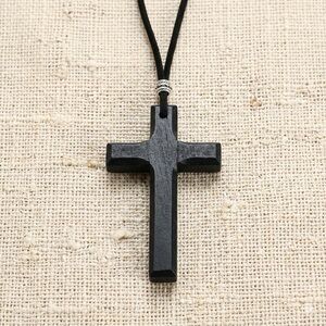 Handcrafted Black Wood Cross Necklace Adjustable Long Cord For Men Women & Kids